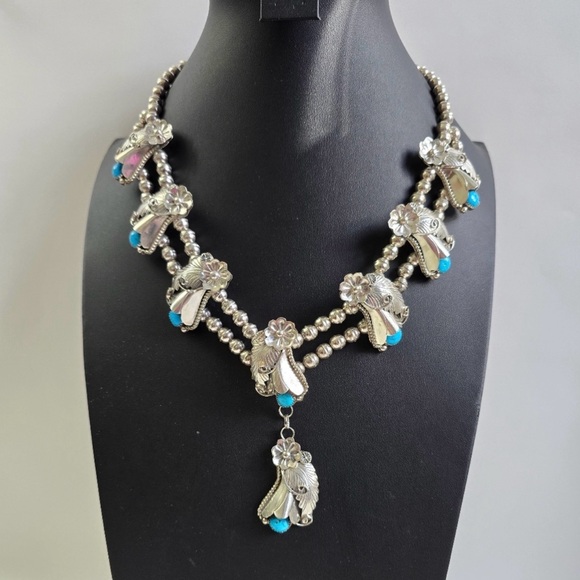 Jewelry - Sterling Silver 925 and Turquoise Floral Squash Blossom Necklace